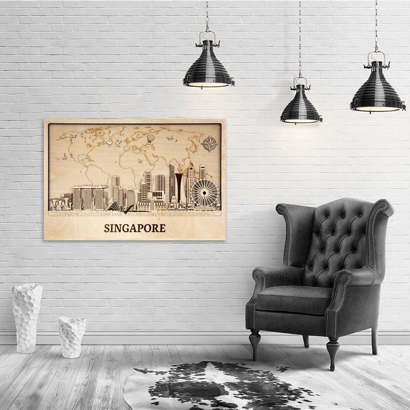 Singapore Wooden City Skyline - Personalized Wall Art - Travel Decor