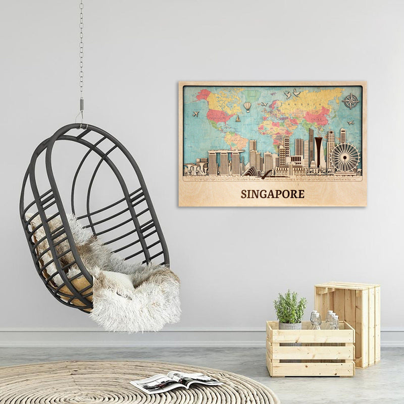 Singapore Wooden City Skyline - Personalized Wall Art - Travel Decor