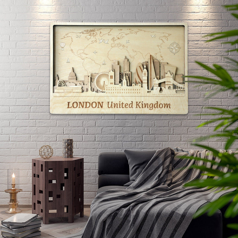 London Skyline with Push Pin World Map - Plywood Art Gift