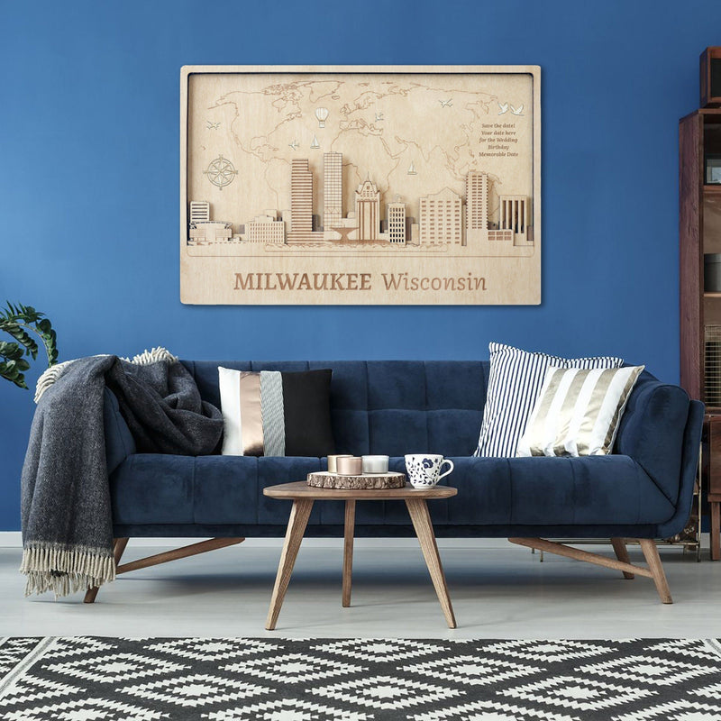 Milwaukee Skyline Push Pin Wood Wall Art - Custom Travel Decor