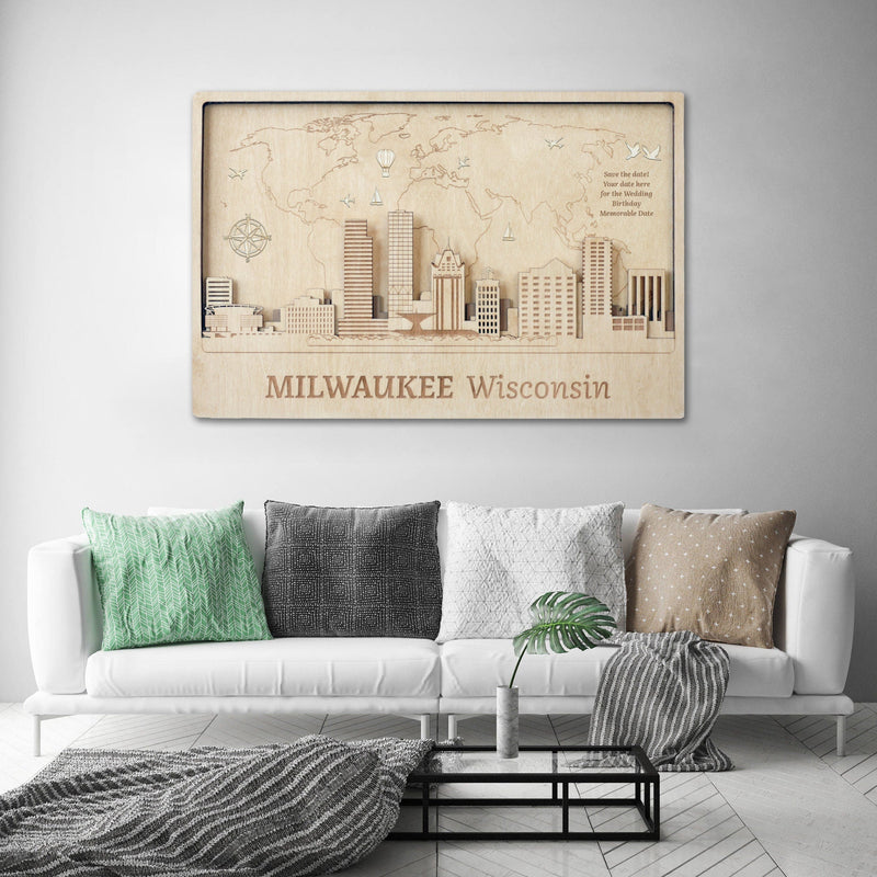 Milwaukee Skyline Push Pin Wood Wall Art - Custom Travel Decor