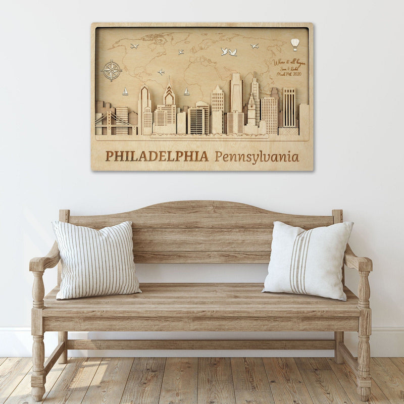 Philadelphia Wooden City Skyline - Personalized Wall Map - Home Office Decor