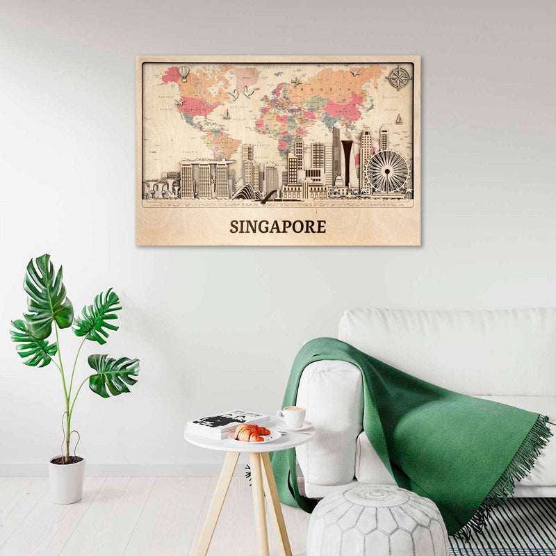 Singapore Wooden City Skyline - Personalized Wall Art - Travel Decor