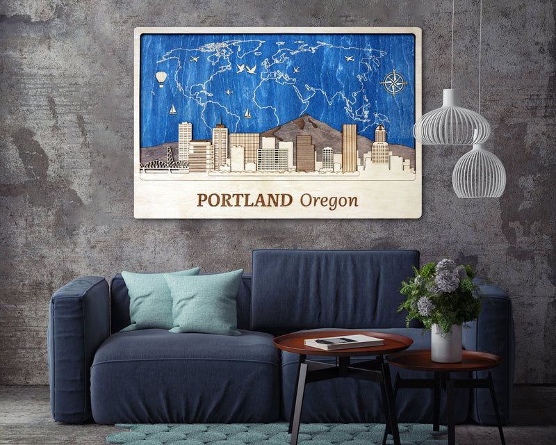 Portland Wooden City Skyline - Personalized Travel Gift - Wall Art