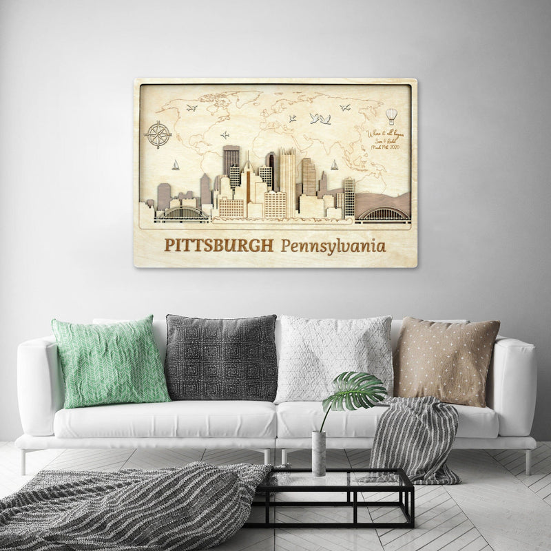 Pittsburgh Wood Wall Art - Push Pin World Map Farmhouse Decor