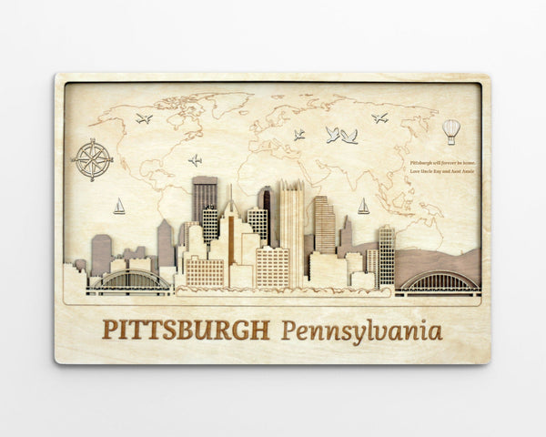 Pittsburgh Wood Wall Art - Push Pin World Map Farmhouse Decor