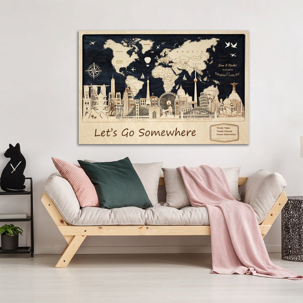 Personalized World Map Wall Art with Iconic Buildings