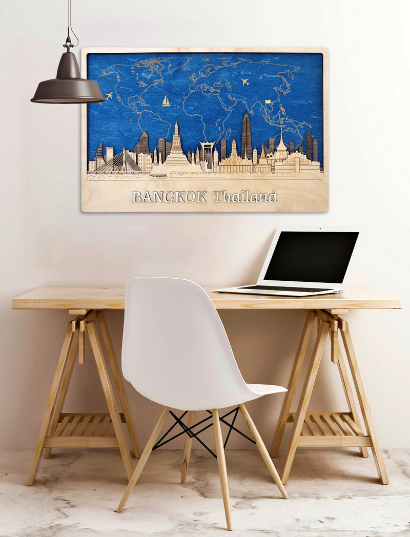 Thailand Wood Art Bangkok City Skyline Wall Decor - Custom Gift