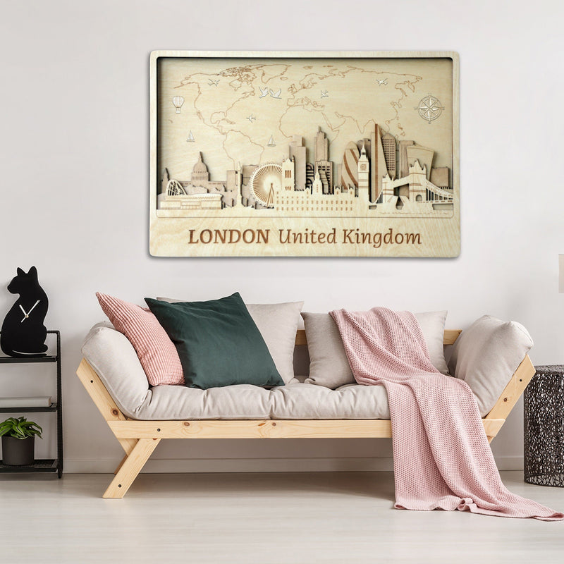 London Skyline with Push Pin World Map - Plywood Art Gift