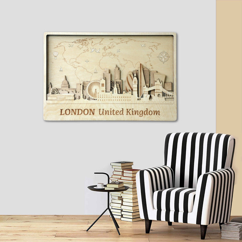 London Skyline with Push Pin World Map - Plywood Art Gift