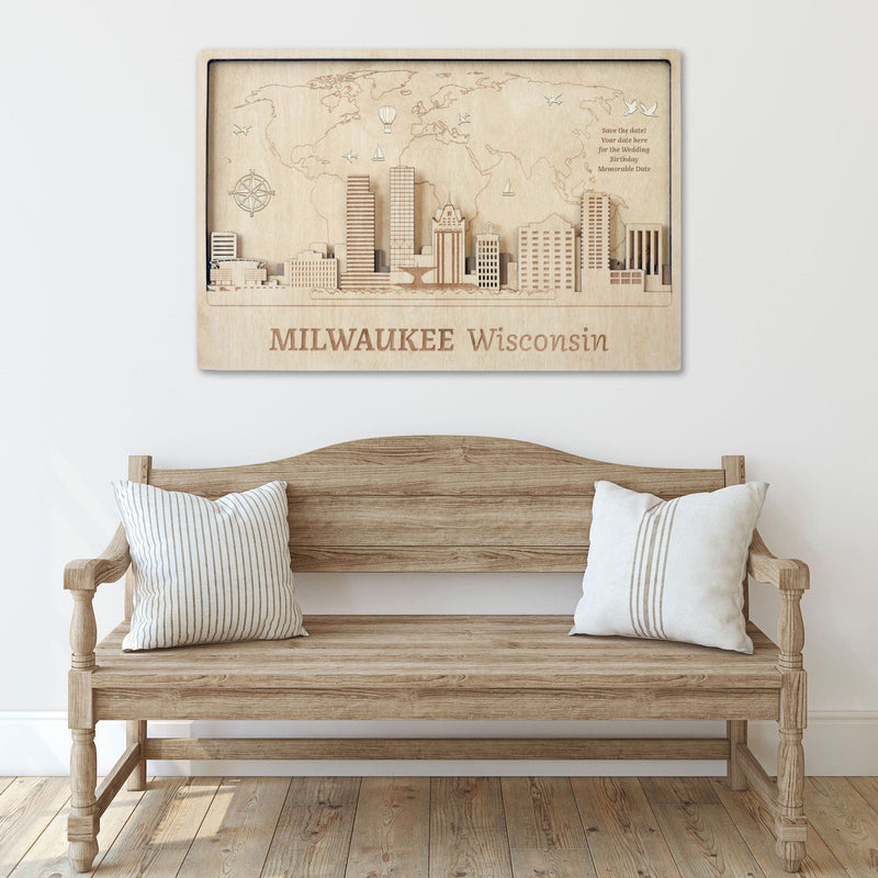 Milwaukee Skyline Push Pin Wood Wall Art - Custom Travel Decor