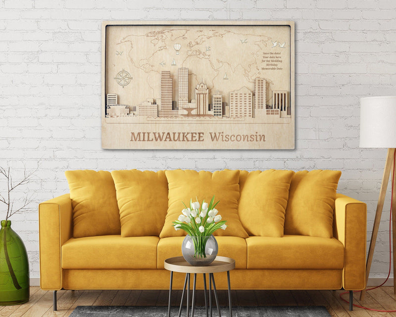 Milwaukee Skyline Push Pin Wood Wall Art - Custom Travel Decor