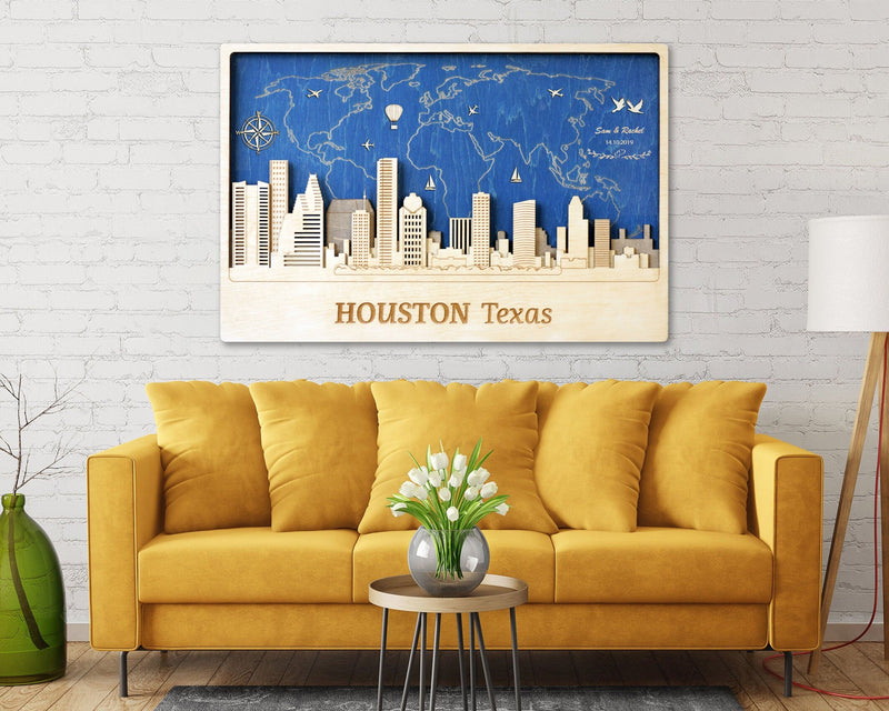 Houston City Skyline Wood Wall Art - Map of World Decor