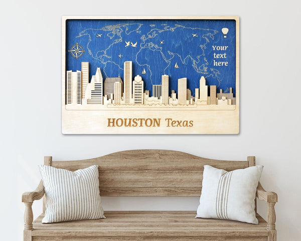 Houston City Skyline Wood Wall Art - Map of World Decor