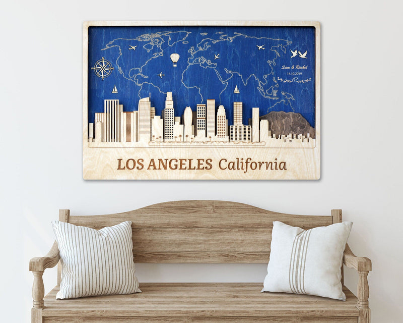 Los Angeles Wood Wall Art - Customizable World Map