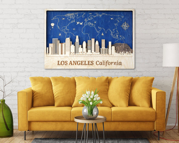 Los Angeles Wood Wall Art - Customizable World Map