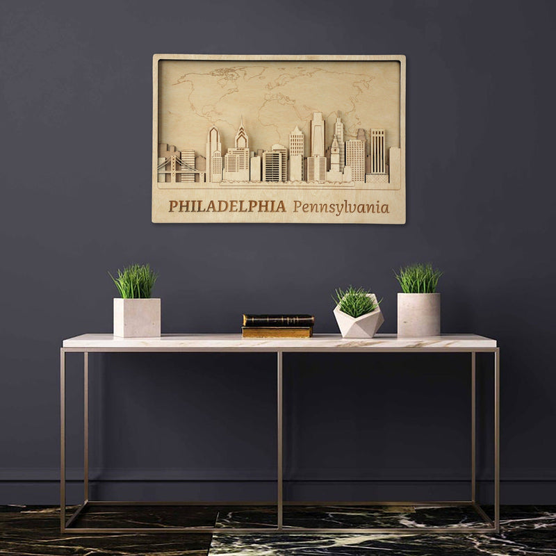 Philadelphia Wooden City Skyline - Personalized Wall Map - Home Office Decor