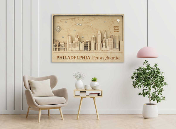 Philadelphia Wooden City Skyline - Personalized Wall Map - Home Office Decor