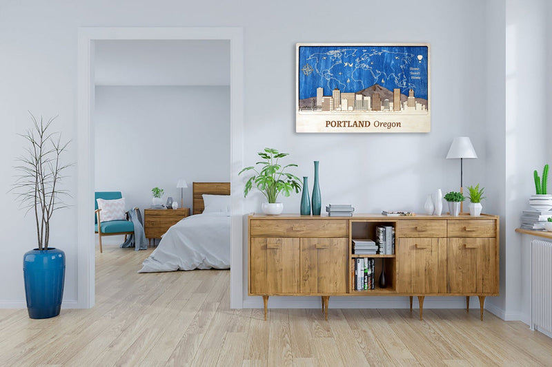 Portland Wooden City Skyline - Personalized Travel Gift - Wall Art