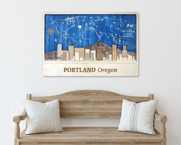 Portland Wooden City Skyline - Personalized Travel Gift - Wall Art