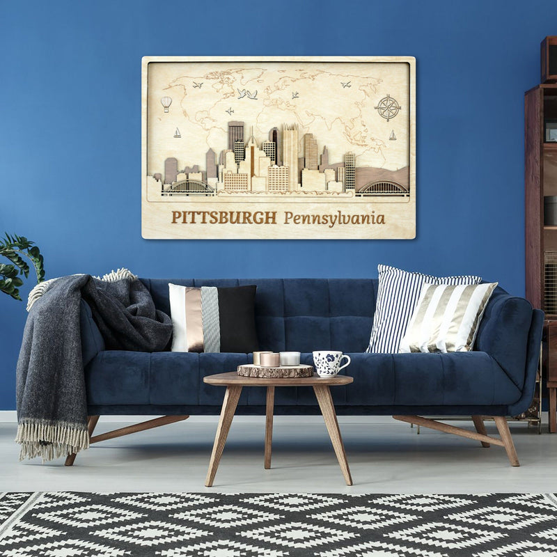 Pittsburgh Wood Wall Art - Push Pin World Map Farmhouse Decor