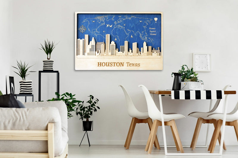 Houston City Skyline Wood Wall Art - Map of World Decor