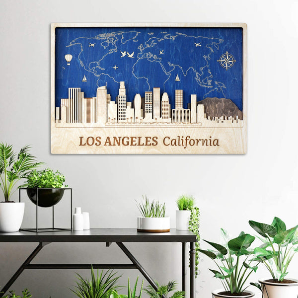 Los Angeles Wood Wall Art - Customizable World Map