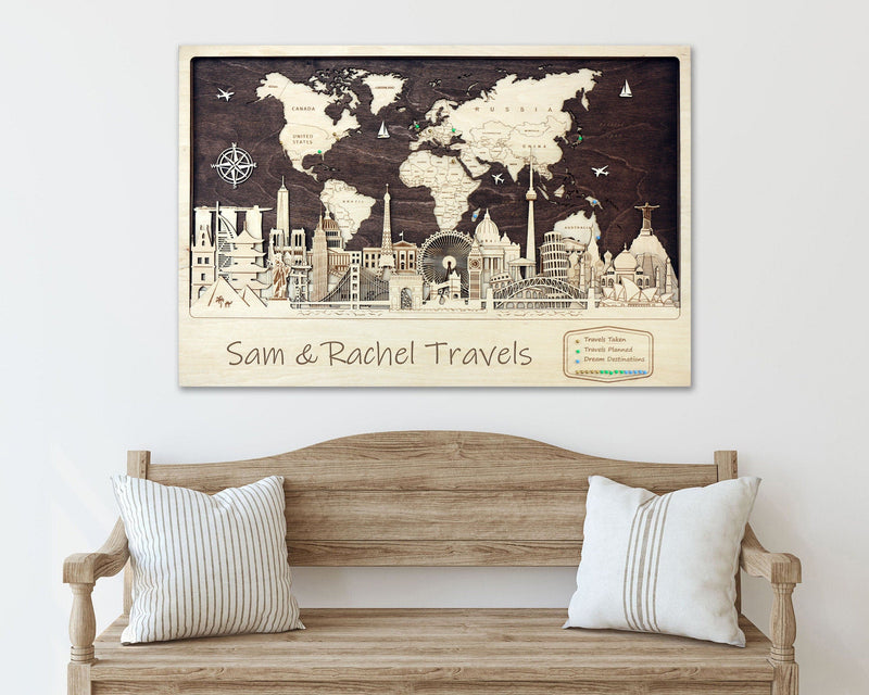 World Map Push Pin Travel Map - Wood Home Decor