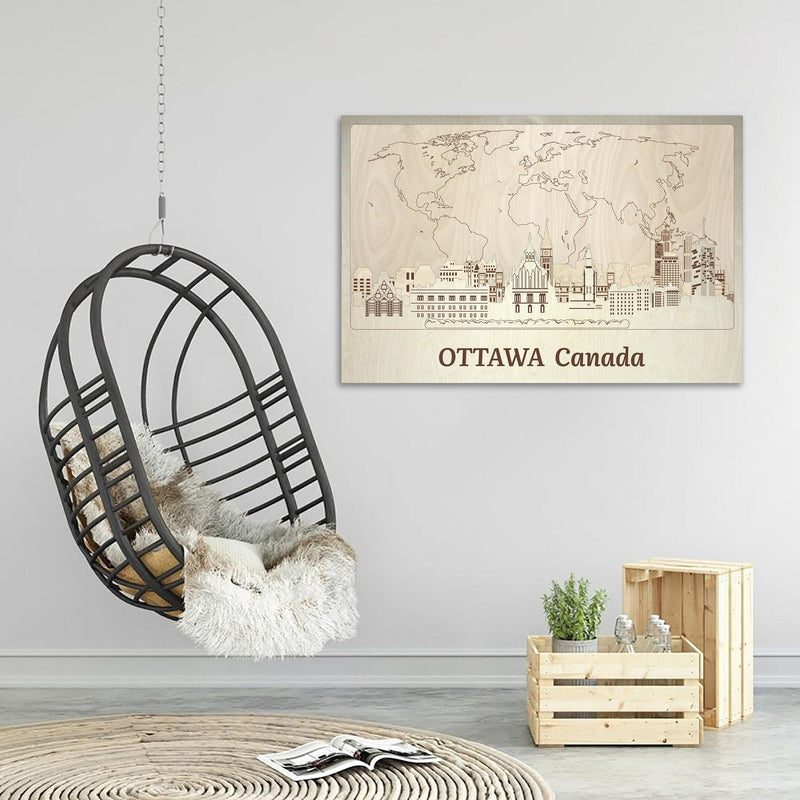 Ottawa Wood Wall Art with Push Pin Map of World