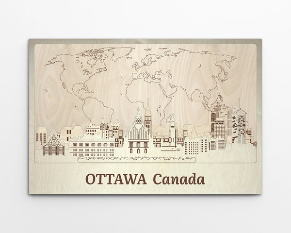 Ottawa Wood Wall Art with Push Pin Map of World