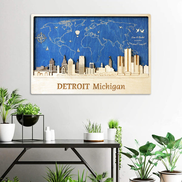 Detroit City Skyline Wood Wall Art - Rustic Modern Housewarming Gift