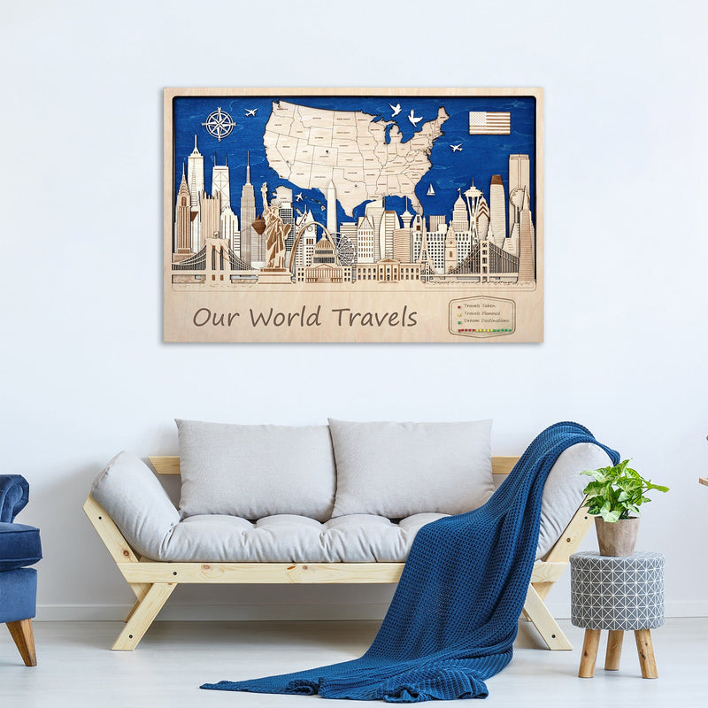 Wooden Push Pin Travel Map - Personalized Family Gift