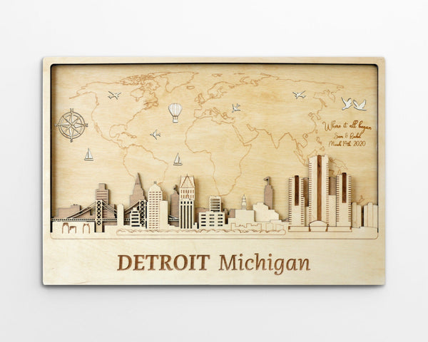 Detroit City Skyline Wood Wall Art - Rustic Modern Housewarming Gift