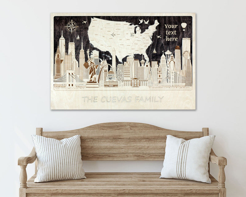 Wooden Push Pin Travel Map - Personalized Family Gift