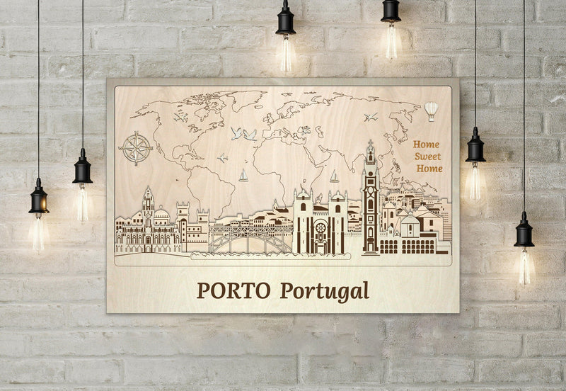 Porto Wooden World Map - Customizable Travel Souvenir - Wall Art