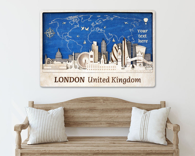 London Skyline with Push Pin World Map - Plywood Art Gift