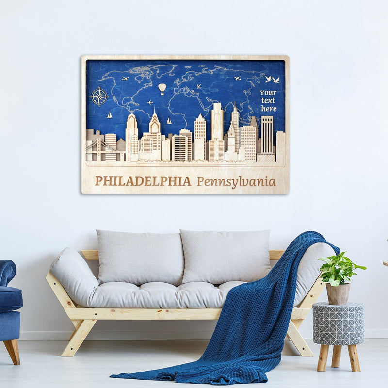 Philadelphia Wooden City Skyline - Personalized Wall Map - Home Office Decor