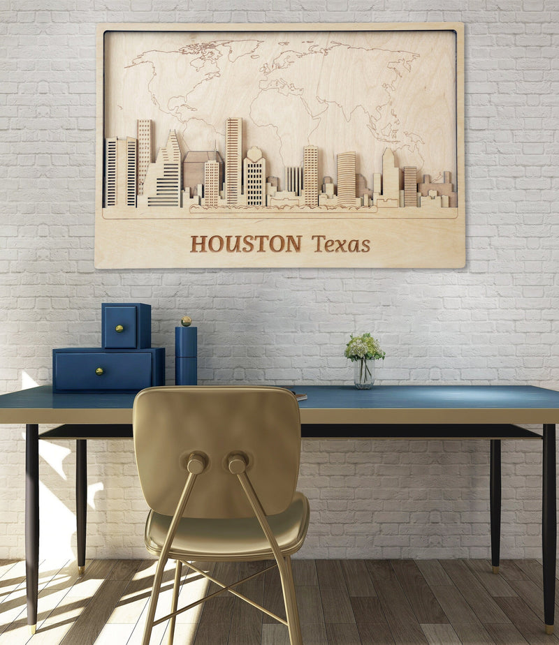 Houston City Skyline Wood Wall Art - Map of World Decor