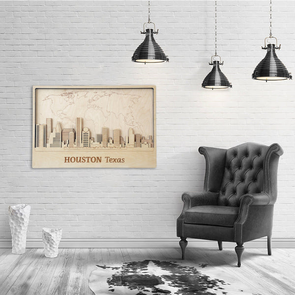 Houston City Skyline Wood Wall Art - Map of World Decor