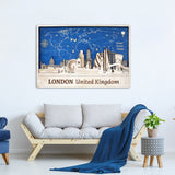 London Skyline with Push Pin World Map - Plywood Art Gift