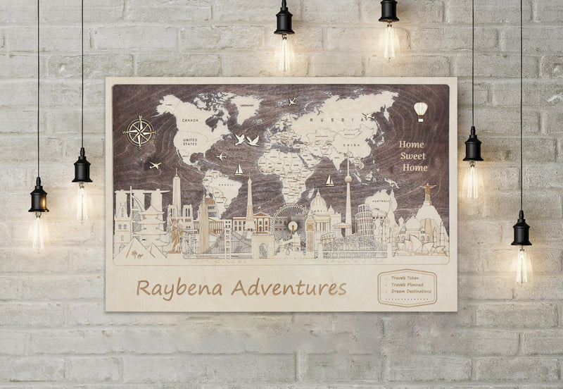 Personalized Travel Wall Decor Wood World Map Art