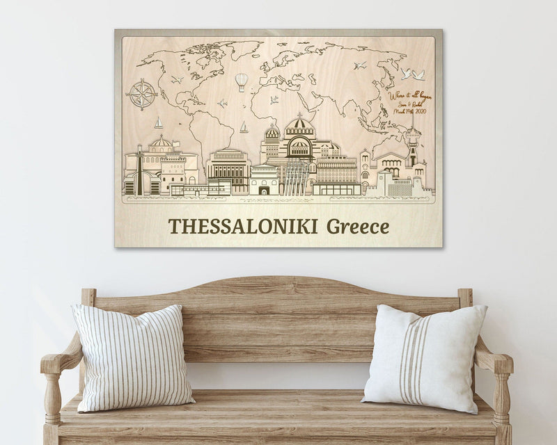 Greece Wooden Wall Art - Thessaloniki Skyline - Personalized Gift - Travel Decor