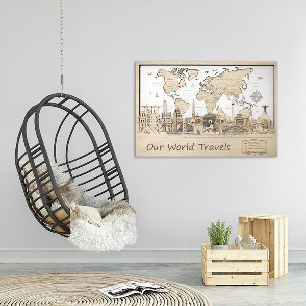 World Travel Map Wood Wall Art - Anniversary Gift for Couple