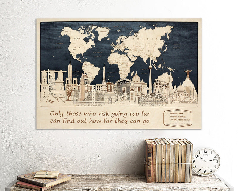 Personalized Wooden World Map - Travel Quote - Push Pin Map - Farmhouse Wall Decor