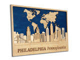 Personalized Philadelphia Wall Art - World Map Push Pin and City Skyline