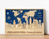 Personalized Philadelphia Wall Art - World Map Push Pin and City Skyline