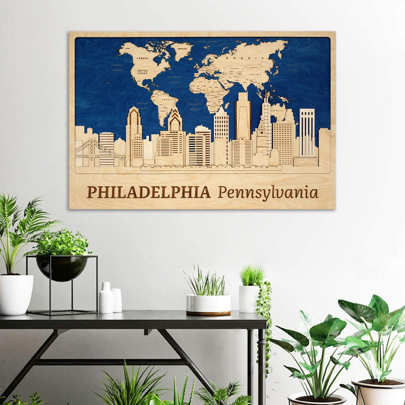 Personalized Philadelphia Wall Art - World Map Push Pin and City Skyline