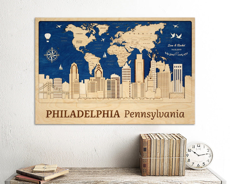 Personalized Philadelphia Wall Art - World Map Push Pin and City Skyline