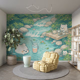 A soft, pastel-colored illustration of a cute polar bear floating in a gentle creek next to a picnic table with tea and a glass of milk, surrounded by greenery and river rocks. A whimsical, kawaii art style wallpaper for a children's room