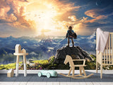 Epic Legend of Zelda Breath of the Wild landscape wall mural, Link standing on a cliff overlooking Hyrule, premium gaming room decor.
